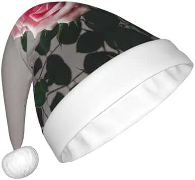 Pink Rose Print Christmas Santa Hat Plush for Adults