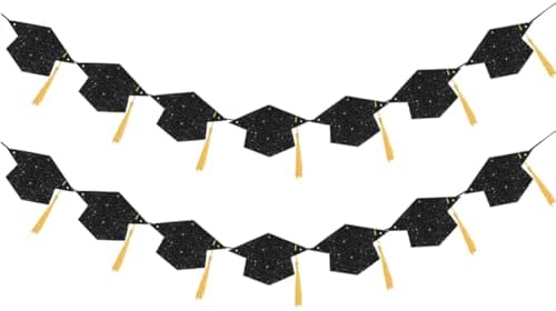 2025 Graduation Decor Banners with Black Glitter Hats and Tassels