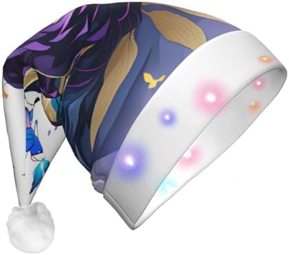 QINZHENG Purple Butterfly Velvet Santa Hat with LED Lights for Adults