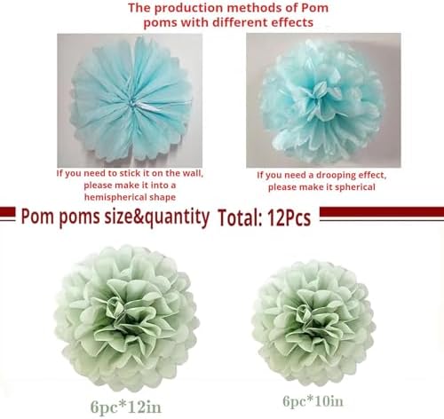 Dusty Sage Green Tissue Paper Pom Poms 12Pcs