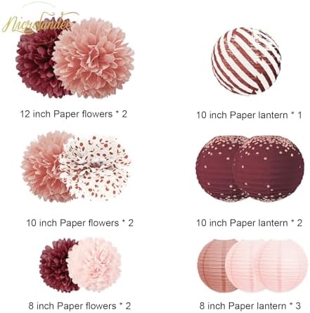 NICROLANDEE Burgundy Party Decor 12PCS Tissue Pom Poms and Lanterns