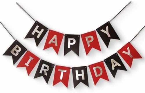 Red Silver Black Happy Birthday Banner Decor