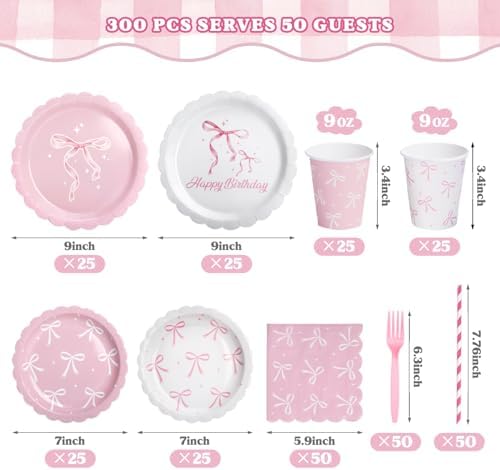 300 Pcs Pink Bow Tableware Set for Birthday Parties