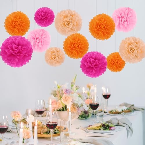 BestoFun 16 PCS Hot Pink Orange Party Decorations Pom Poms