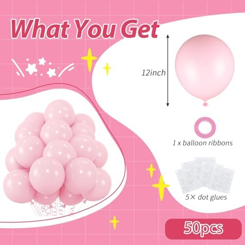 50pcs Pastel Pink Balloons with Ribbon and Glue