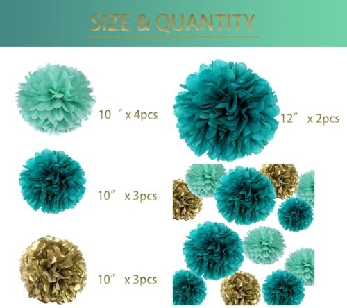 12PCS Teal Turquoise Aqua Gold Party Decor Pom Poms