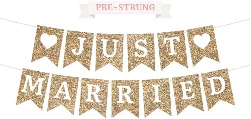 Pre-Strung Gold Glitter Just Married Banner