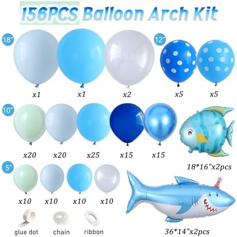 Under the Sea Party Decorations 156Pcs Shark Balloon Arch Kit