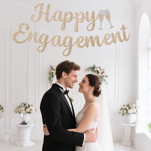 Pre-Strung Happy Engagement Banner - Gold Glitter Wedding Decor