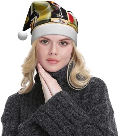 QinZheng Personalized Santa Hat with Cocktail Glasses and Wine Bottles Print