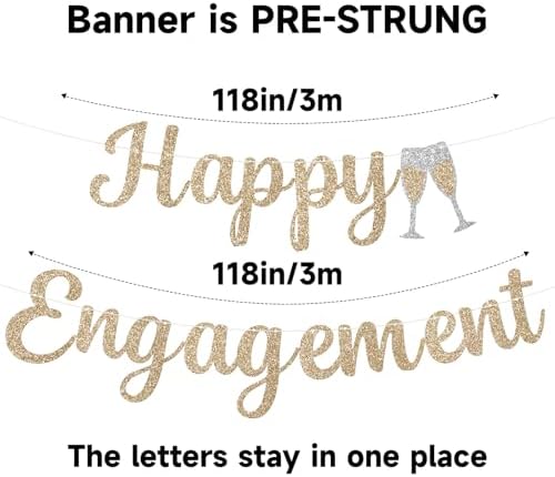 Pre-Strung Happy Engagement Banner - Gold Glitter Wedding Decor