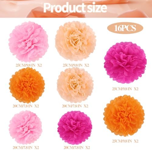 BestoFun 16 PCS Hot Pink Orange Party Decorations Pom Poms