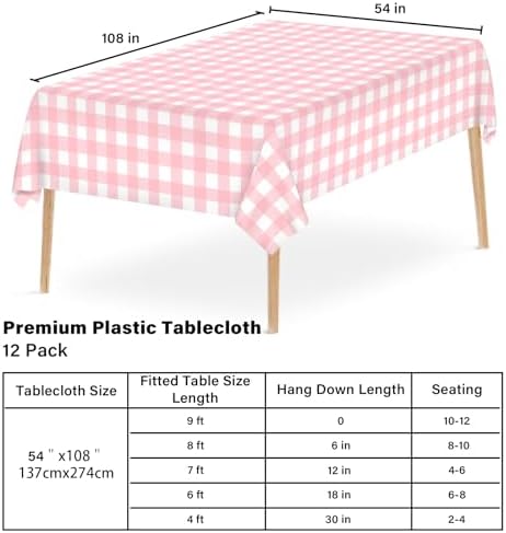 12 Pcs Pink Gingham Tablecloth Set Waterproof Disposable for Parties