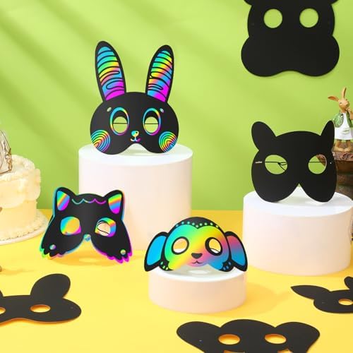 Realspring 60 Pcs Safari Animal Scratch Paper Mask DIY Kit