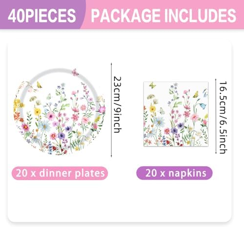 40 Pcs Wildflower Plates and Napkins Party Kit