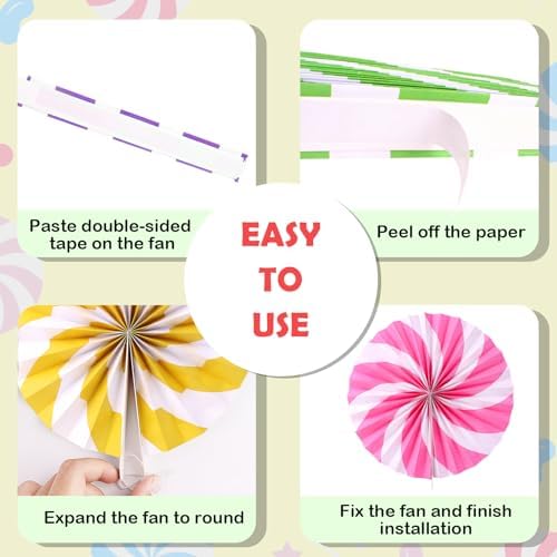 9 Pcs Candyland Themed Paper Fans for Party Decorations