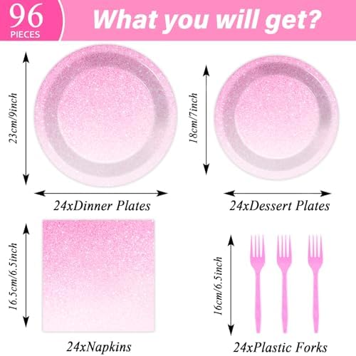 ZOIIWA 96 Pcs Ombre Pink Party Supplies Set