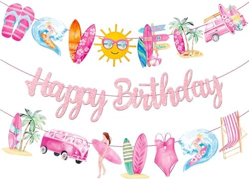 3Pcs Pink Glitter Surf Party Banners for Girls