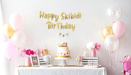 Happy Skibidi Birthday Gold Glitter Banner - Funny Zoomer Decor