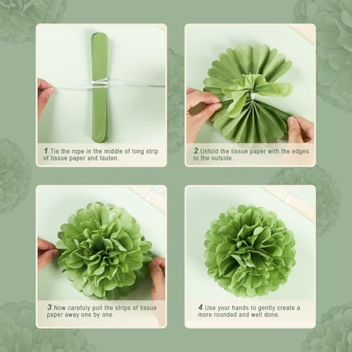 Sage Green Tissue Paper Pom Poms 15PCS Decor Set