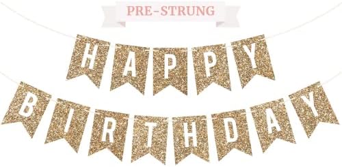 Pre-Strung Gold Glitter Happy Birthday Banner