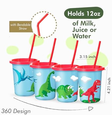 Dinosaur Cups for Kids with Straw and Lid Set of 12