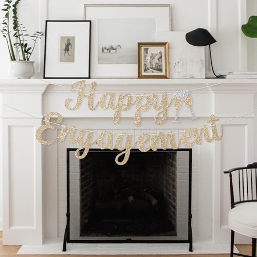 Pre-Strung Happy Engagement Banner - Gold Glitter Wedding Decor