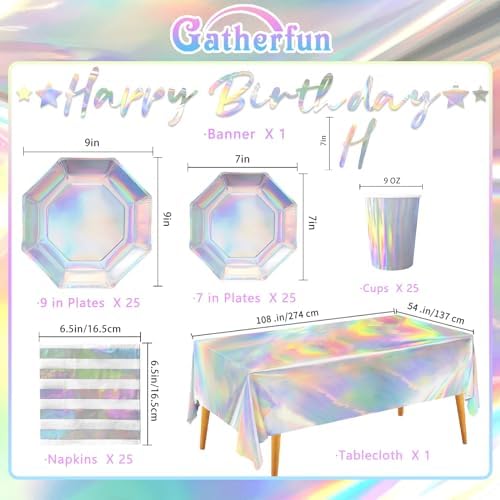 Iridescent Party Supplies Set of 25 Plates Cups Napkins Tablecloth Banner