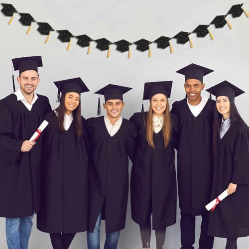 2025 Graduation Decor Banners with Black Glitter Hats and Tassels