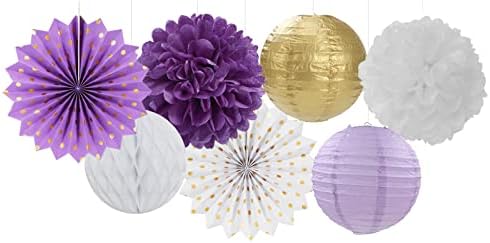 Purple Gold Party Decorations Streamers Lanterns - 14pcs