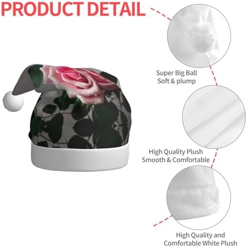 Pink Rose Print Christmas Santa Hat Plush for Adults