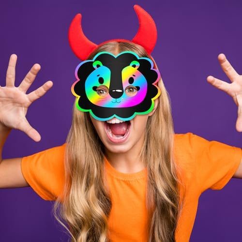 Realspring 60 Pcs Safari Animal Scratch Paper Mask DIY Kit