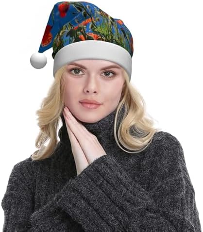 Poppies on Blue Sky Print Christmas Santa Hat Plush