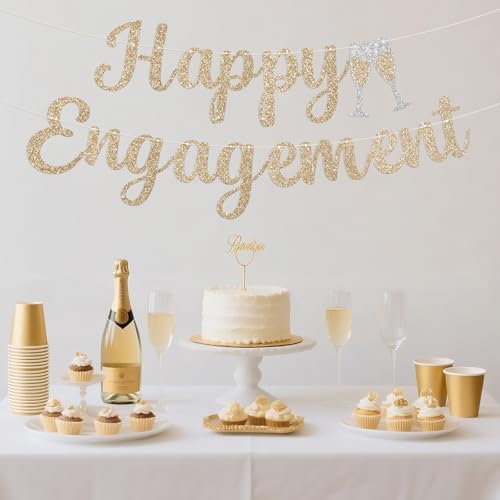 Pre-Strung Happy Engagement Banner - Gold Glitter Wedding Decor
