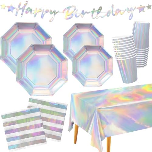 Iridescent Party Supplies Set of 25 Plates Cups Napkins Tablecloth Banner