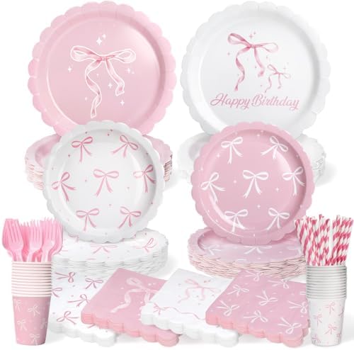 300 Pcs Pink Bow Tableware Set for Birthday Parties