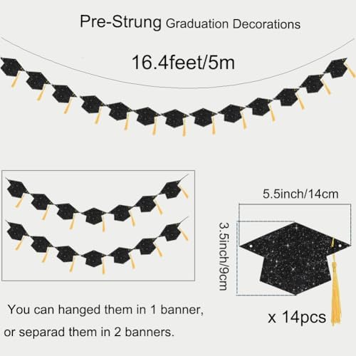 2025 Graduation Decor Banners with Black Glitter Hats and Tassels