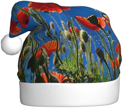 Poppies on Blue Sky Print Christmas Santa Hat Plush