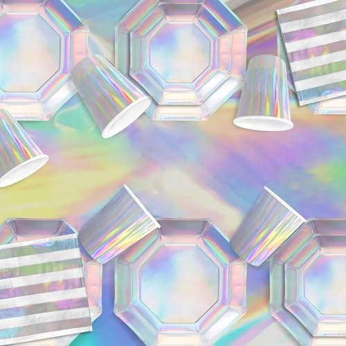 Iridescent Party Supplies Set of 25 Plates Cups Napkins Tablecloth Banner
