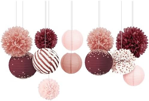 NICROLANDEE Burgundy Party Decor 12PCS Tissue Pom Poms and Lanterns
