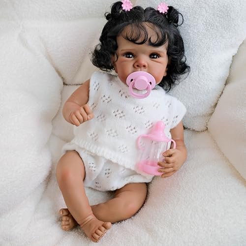 RXDOLL Realistic 18 Inch Black Baby Doll with Feeding Toy