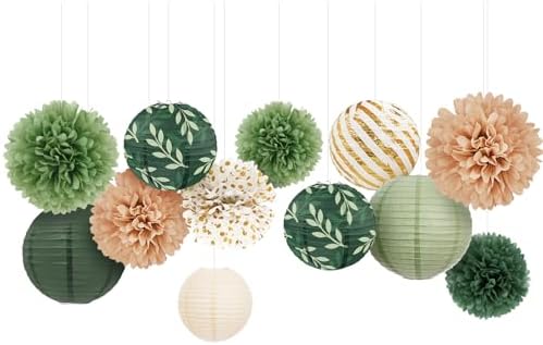 AOBKIAT 12PCS Olive Green Sage Paper Lanterns Set
