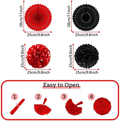 Red and Black Party Decorations Set with Fans and Pompoms