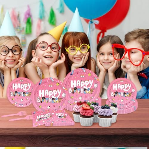 96Pcs Cartoon Pink Dog Party Tableware Set for 24 Guests