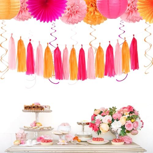 Hot Pink Orange Birthday Decor Kit - 31pcs Boho Party Supplies