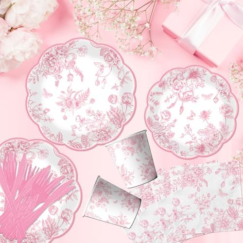Pink Floral Paper Plates 144Pcs Wedding Tea Party Set