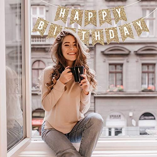 Pre-Strung Gold Glitter Happy Birthday Banner