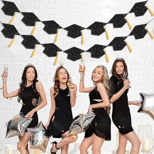 2025 Graduation Decor Banners with Black Glitter Hats and Tassels