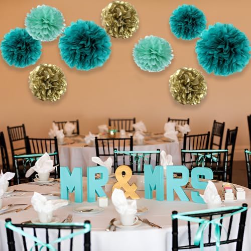 12PCS Teal Turquoise Aqua Gold Party Decor Pom Poms