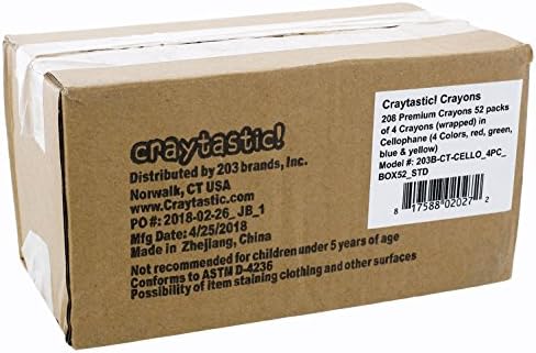 Craytastic 52 Sets 4-Packs Crayons in Cellophane - 208 Count Bulk Crayon Box